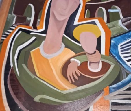 Abstract konst med människor och geometriska former i varma färger.