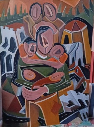 Abstrakt konst med en person som håller två barn i en färgglad, stiliserad miljö.