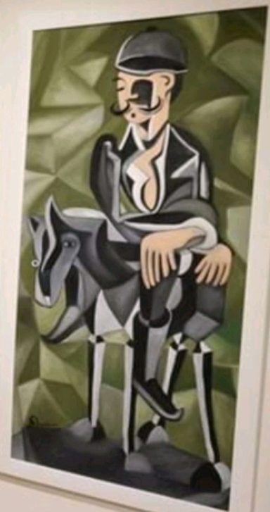 En kubistisk porträtt av en man som sitter på en gris, med geometriska former och dämpade färger.