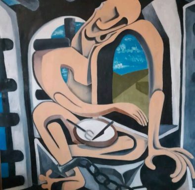 En stiliserad figur sitter i ett fönster med en landskapsbakgrund.