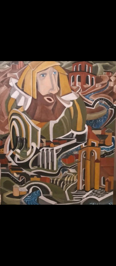 Färgglad abstrakt målning med karaktär och landskapselement.