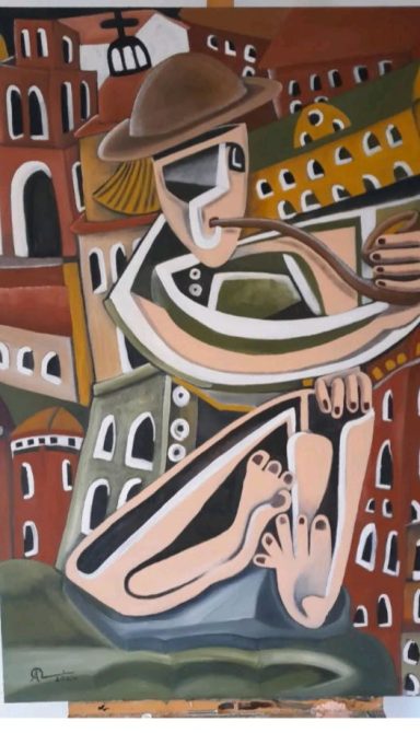 Styliserad målning av en musiker med hatt, omgiven av abstrakta former och färger.